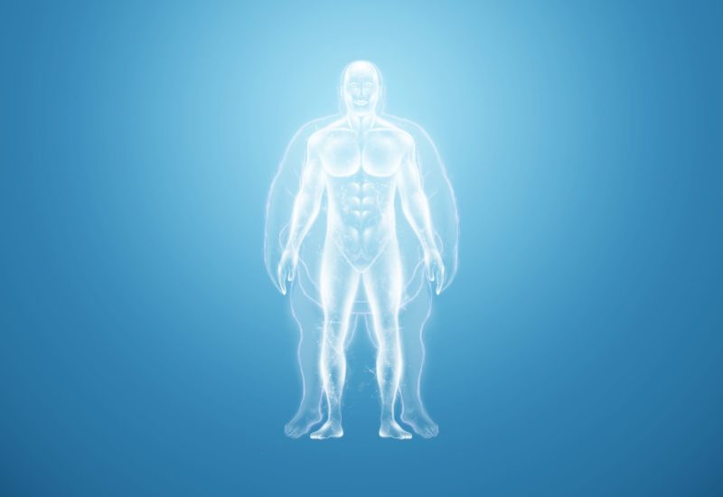 White horogram of a fat man on a blue background isolate. The concept of obesity, overweight, health problems, diet, diabetes. Copy space, 3D render, 3D illustration