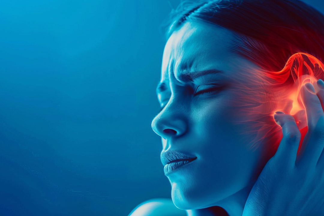 a female with ear pain, red glowing color on ear showing pain , blue medical background --ar 16:9 Job ID: 9b3c53e7-2fd3-4f46-a9dc-069b944c2691