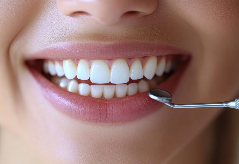 Dental professional assessing young woman's smile and tooth color for veneers in clinical setting with focus on dental health and aesthetics